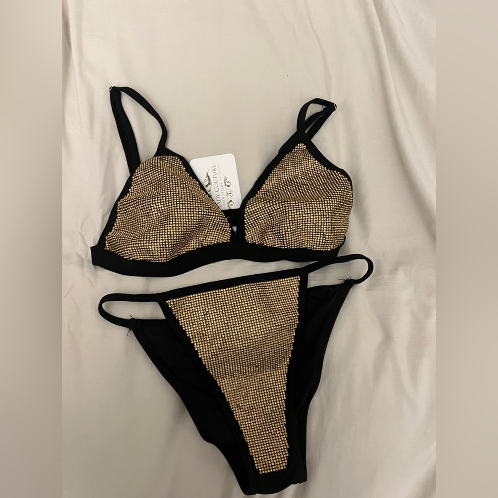 Gold and Black Bikini Glitter Embellished Rhinestone